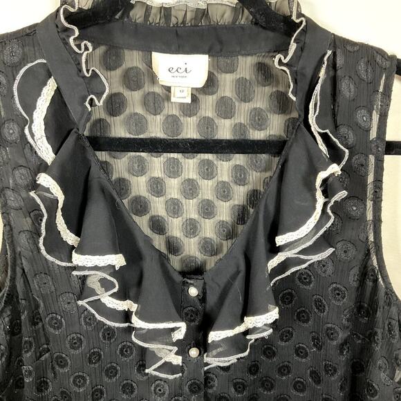 ECI New York Black Whimsygoth Polka Dot Ruffled‎ Sleeveless Top Pearl Buttons 12 - Picture 2 of 7